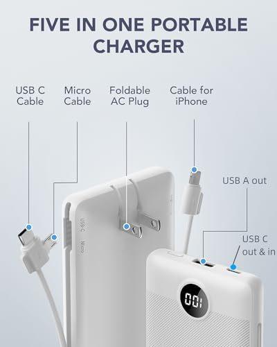 VRURC 10,000 m Ah USB C Power Bank with Built-in Cables & AC Wall Plug – Compact Lightweight Travel Charger for Smartphones & Tablets – Ultimate Convenience & Enhanced Charging Speed