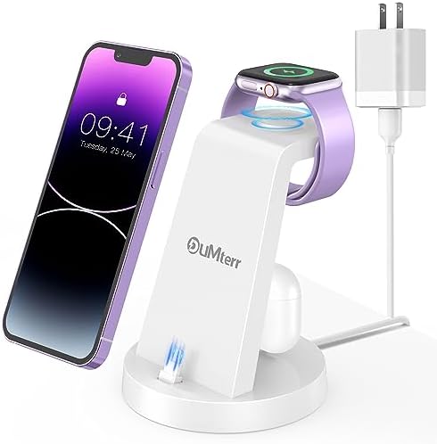 DUMTERR 3-in-1 Fast Wireless Charging Station for Apple Devices – Compact Dock for i Phone 14 Pro Max/13/12/11/X/8 Plus, Air Pods & Apple Watch Series 8/Ultra/7/6/SE/5/4/3/2 – Rapid Charge with Advanced Overheat and Overcharge Protection for Safe, Efficient Multi-Device Charging Solution