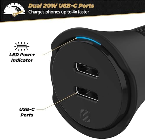 Scosche M Power Volt 40 W Dual Port USB-C Car Charger – Fast Charging Adapter for i Phone, Galaxy & All USB-C Devices, Flush Cigarette Lighter Design, Sleek & Compact Automotive Power Solution for On-the-Go Convenience