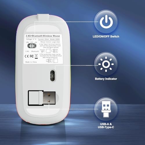 Ergonomic Wireless Mouse for Mac & PC – Rechargeable Dual Mode Bluetooth 5.2/3.0 & 2.4 GHz USB-C Receiver – Lightweight, Silent Design for Ultimate Comfort and Portability – Ideal for Multitasking Professionals and Casual Users