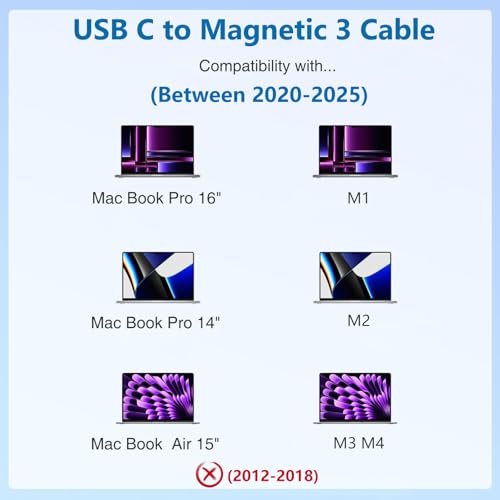 USB-C to Magnetic 3 Cable, Compatible with Mac Book Pro/Air (2021 to 2025) (M1,M2,M3,M4 & 14-16 inch) – Nylon Braided 6.6 Ft – Enhanced Compatibility and Speed