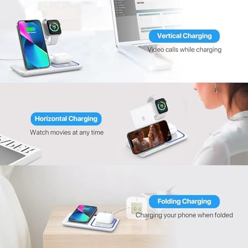 Ultimate 3-in-1 Foldable Wireless Charging Dock for Apple Devices with Built-In LED Night Light – Fast, Compact, and Stylish Charger for i Phone, Apple Watch, and Air Pods – Perfect for Home and Travel – Sleek White Finish for Modern Aesthetics and Organized Spaces