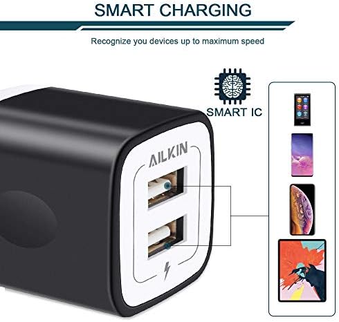 AILKIN 3-Pack Dual USB 5 V/2.1 A Wall Charger – Fast Charging Power Adapter for i Phone 15, Samsung Galaxy, Google Pixel – Compact Travel-Friendly Design with Enhanced Compatibility and Safety Features