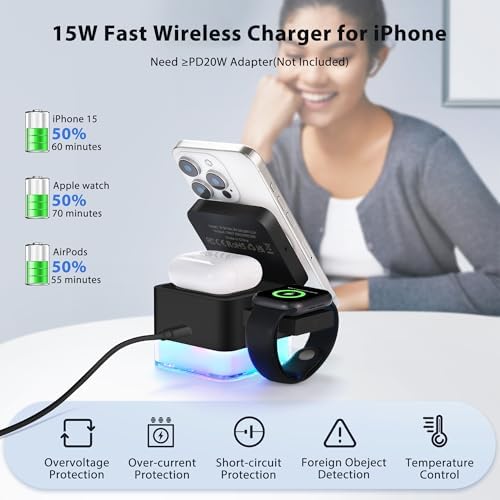 Revolutionary 3-in-1 Wireless Charger with Nightlight – Foldable Apple Charging Dock for i Phone 12-16, Apple Watch & Air Pods – 15 W Magnetic Fast Charging Station, Perfect for Home or Travel – No Adapter Required