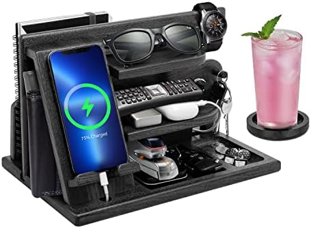 Gifts for Men, Wood Phone Docking Station, Mens Gifts for Birthday Gifts for Men or Gifts for Dad Fathers Day, Desk Workspace Organizer Nightstand Organizer Key for Wallet & Watch Holder – Enhanced Compatibility and Speed