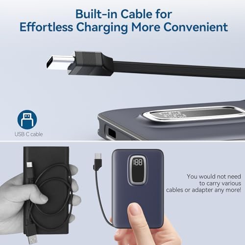 Ultra-Thin 5000 m Ah Portable Power Bank with Built-In USB-C Cable – Lightweight External Charger for i Phone 16/15, Samsung Galaxy & Google Pixel – Perfect Travel Companion with Smart LCD Display for Battery Monitoring – Safety Certified, Ideal for Daily Use & Outdoor Adventures – Reliable On-the-Go Charging Solution