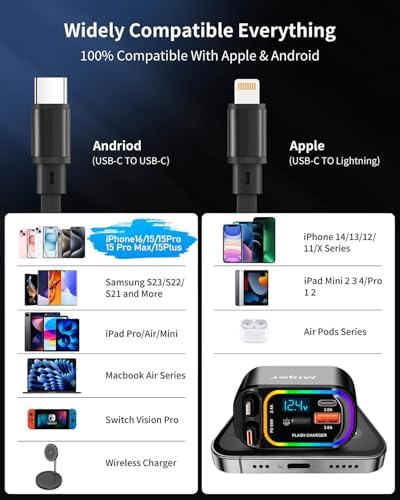 Miger 4-in-1 Retractable Car Charger – 100 W Fast Charging USB-C Adapter with Dual USB Ports for i Phone 16/15/14/13/12/11 & Galaxy Devices – Tangle-Free Design for Ultimate Convenience and Enhanced Compatibility