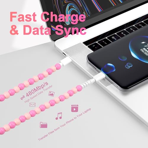 Coolden USB C Cable 66W USB C to USB C Cable [2M/6.6FT] Type C Charger Fast Charging Stylish & Durable Beaded USB C Charger Cord Compatible with iPhone 16/16 Plus/16 Pro/16 Pro Max Pink – Enhanced Compatibility and Speed