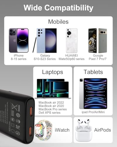 Ultra-Compact 65 W Dual-Port USB-C Fast Charging Wall Adapter – Ga N Technology for Optimal PD3.0 & PPS Performance – Ideal Travel Charger for Mac Book, i Phone 16/15/Pro, Galaxy S24/S23/Note 20, and Pixel Devices – Lightweight, Efficient, and Simultaneous Multi-Device Power Solution