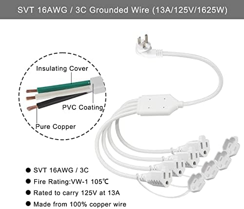 KUNCAN 4-Way Power Splitter with 45-Degree Downward Angle—Maximize Outlet Efficiency with Compact US Flat Plug Design, 1 to 4 Extended Outlets, Durable SVT 16 AWG Cable, Ideal for Home, Office & Classroom Use (Black, 1-Pack) – Sleek, Space-Saving Power Solution for Enhanced Device Connectivity and Optimal Clutter Reduction
