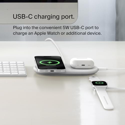 Belkin 15 W Mag Safe-Compatible 2-in-1 Wireless Charging Station – Fast Dual Device Charger for i Phone 16, 15, 14, 13 Series & Air Pods – Sleek Sand Design for Effortless Portability and Seamless Power Solutions