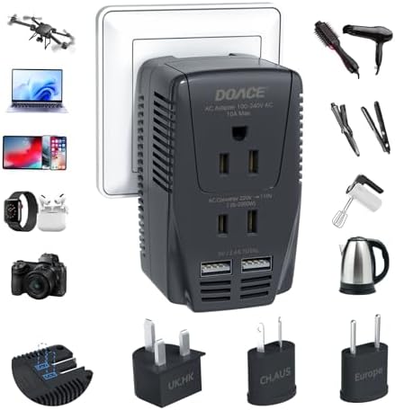 Ultimate 2000 W European Travel Power Converter – Versatile Universal Adapter for Hair Tools and Electronics with Global Compatibility (EU, UK, AU, US) – Rapid Turbo Charging for Laptops, Smartphones, and Cameras – Advanced Safety Features to Prevent Overheating & Short Circuits – Lightweight & Compact Design for Effortless Packing and Mobility