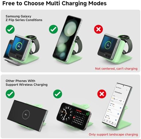 Geyo 2-in-1 Foldable Wireless Charger for Samsung Galaxy Z Flip Series & Galaxy Devices – Travel-Friendly Fast Charging Stand for Galaxy Z Flip 6/5/4/3, S24 Ultra/S23/S22/Note 20, Galaxy Watch 7/Ultra/6/6 Classic – Stylish Green Finish with Enhanced Compatibility and Safety Features