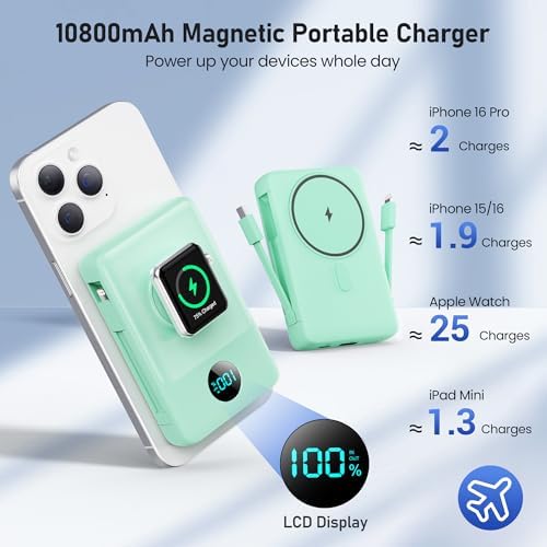 Revolutionary Magnetic Portable Charger for i Phone – 6-in-1 Power Bank with 10,800 m Ah Capacity, Built-in Cables, Apple Watch Charger, and LCD Display – 25 W PD Fast Charging for i Phone 16/15/14/13/12 and Mag Safe Compatibility – Ultimate On-the-Go Charging Solution