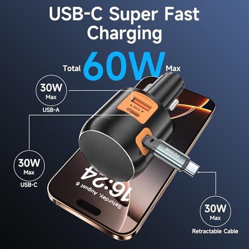 Effortless Charging on the Go: Retractable 60 W USB C Car Charger for i Phone 16, i Pad, Pixel & More – Compact Fast Charge Solution with Built-In Retractable Cable for Enhanced Compatibility and Clutter-Free Storage