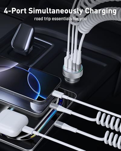 90 W 4-Port USB C Car Charger with 6 FT Coiled Cable – Super Fast Charging for i Phone 16/16 e/15 Pro Max/Plus, Samsung Galaxy S25/S24, Pixel & Android Devices – Ultimate Travel Companion for Multiple Devices with Enhanced Compatibility and High-Performance Output