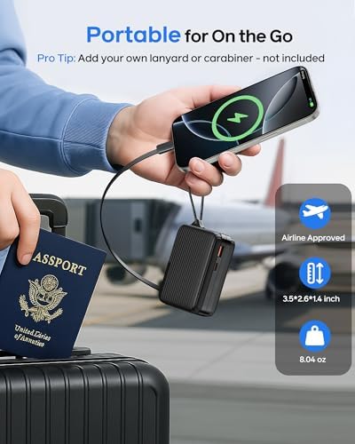 Compact 10,000 m Ah USB-C Power Bank with Retractable Cable – Fast Charging Dual Output Battery Pack for Android Devices, TSA-Compliant Travel Charger with Built-In Safety Features and Convenient Carry Loop for On-the-Go Power