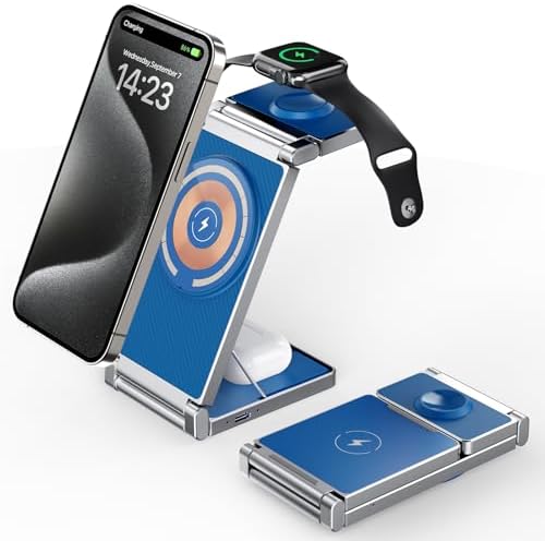 Hohosb Foldable 3-in-1 Magnetic Wireless Charger Station – Premium Zinc Alloy Design for i Phone 15/14/13/12, Air Pods Pro/3/2, and Apple Watch – Mag Safe Compatible, Fast Charging, and Travel-Friendly Solution for All Your Devices (Blue)