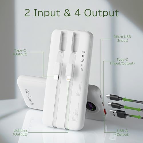 Ultimate Dual 10,000 m Ah Fast Charging Power Bank with Integrated Cables – Versatile Portable Charger for i Phone, Android, and More – 22.5 W High-Speed Charging with 4 Outputs, Airline-Approved Safety Features, Perfect Travel Companion for All Your Devices