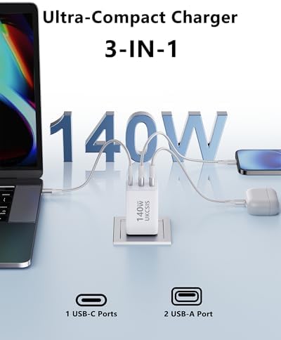 Ultra-Compact 140 W Ga N USB-C Fast Charger – Triple-Port Power Hub for Rapid Charging of Mac Book Pro, i Pad Pro, Galaxy, and i Phone – Foldable Travel Design with 4 ft Cable for Effortless Portability and Efficient Power Solutions