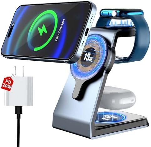 Sleek Aluminum 3-in-1 Magnetic Wireless Charging Station for Apple Devices – Fast Charge i Phone 11-16 Pro Max, Apple Watch Series 2-8 & Air Pods 2/3/Pro – All-in-One Charger Stand with Adapter for Enhanced Efficiency and Modern Aesthetics