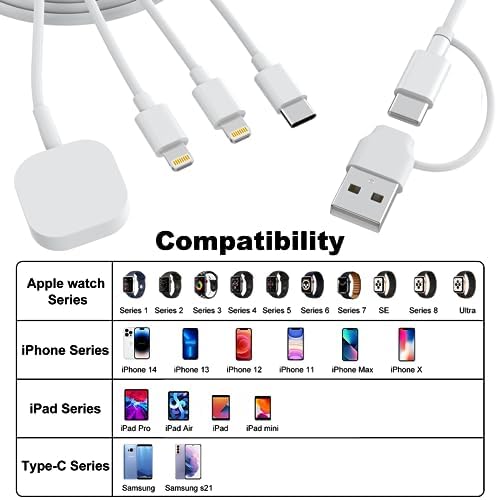 Ultimate 4-in-1 Apple Watch Travel Charger Cable – 20 W PD Fast Wall Charger for All Apple Devices Including i Phone & Air Pods, 4 FT Magnetic Charging Cord for Series 3/4/5/6/7/8/SE/Ultra – Unmatched Speed and Versatile Compatibility for On-the-Go Charging