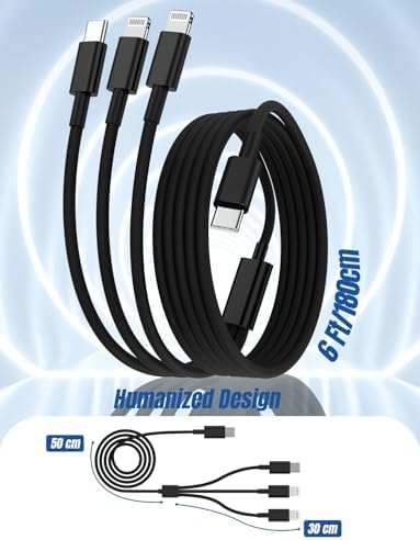 Versatile 3-in-1 i Phone Charger Cable – 6 FT USB C to Lightning with Triple Port Compatibility for i Phone 16/15/14/13/12/11 Pro Max/XS/XR/8 & i Pad Pro/Mini – Fast Charging Solution (2-Pack, Black) for Effortless Multi-Device Power Management