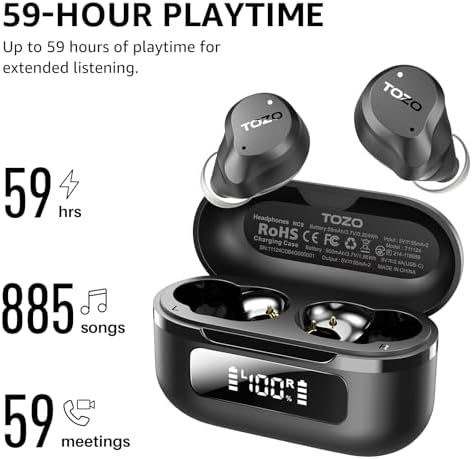 TOZO Premium Hybrid Active Noise Cancelling Wireless Earbuds – Advanced Bluetooth 5.3 Technology with 59-Hour Playtime, 6-Microphone Clarity for Crystal-Clear Calls, IPX8 Waterproof for Ultimate Durability, App-Controlled Customizable 32 EQ Settings for Personalized Audio Experience – Ideal for Active Lifestyles and Audiophiles Seeking Exceptional Sound Quality