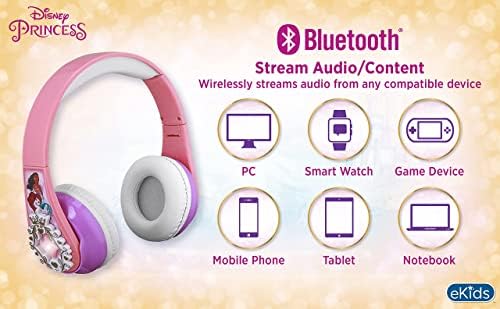 Enchanting Disney Princess Bluetooth Headphones for Kids – Wireless Adjustable Earphones with Built-In Mic and AUX for School, Travel, and Home – Safe Sound Experience for Young Listeners
