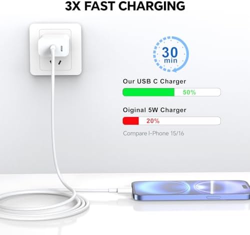 20 W Dual USB-C Fast Charger Block for i Phone 15/16 Series – Includes Two 10 FT USB-C Charging Cables, Perfect for Pro Max, Plus, Pro, i Pad Pro/Air – Compact, High-Speed Charging Solution (2 Pack, Black)