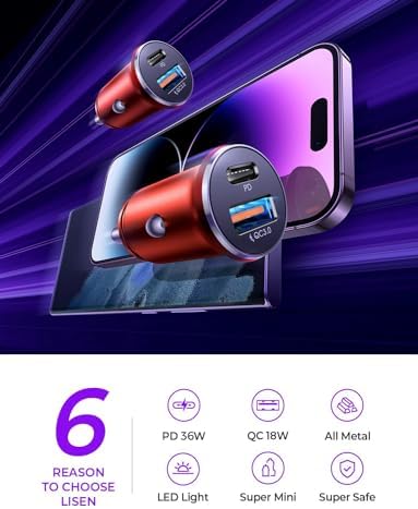 LISEN 2-Pack Ultra Compact 48 W USB C Car Charger Adapter – All Metal Fast Charge Cigarette Lighter USB Charger for i Phone 15, 14 Pro Max, Galaxy S23/22, i Pad Pro – Smallest Flush Design for Seamless Integration and Enhanced Speed