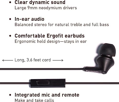 Panasonic Ergo Fit Wired Earbuds with Microphone – Superior Sound Quality with Ergonomic Comfort, Universal 3.5 mm Jack Earphones for Phones and Laptops in Stylish Metallic Purple – Custom-Fit Earpieces (S/M/L) for Optimal Audio Experience and Hands-Free Calls – RP-TCM125-VA