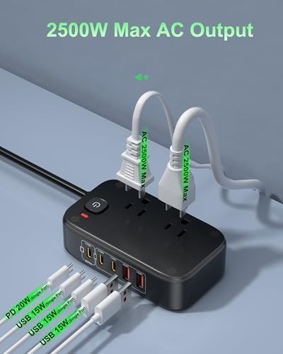 Ultimate 7-in-1 Power Strip with 65 W Ga N Technology | Flat Plug Design for Space-Saving | 3 USB-C & 2 USB-A Ports for Rapid Charging | 2500 W AC Outlet for Home, Office, College & Travel | Versatile Surge Protector for All Devices