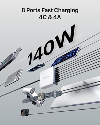 Ultimate 140 W USB-C 8-Port Fast Charging Station – Portable Ga N Power Adapter for Mac Book Pro/Air, i Phone 15/Pro, Galaxy & More – Compact Travel Charger with 65 W Laptop Support for Effortless Device Management and Efficiency