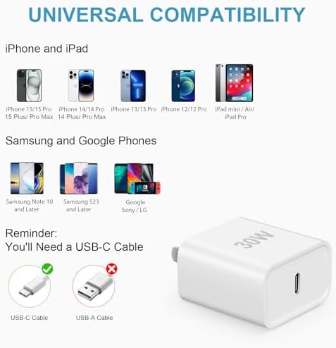 30 W USB-C Fast Charger Block with 6 FT Cable – Compact Power Delivery Solution for i Phone 14/13/12/11 & i Pads – High-Speed Charging for Mobile Professionals – Ultimate On-the-Go Convenience for Rapid Device Recharge
