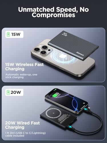 Ultra-Slim Aioneus Mag Safe Portable Charger – 5000 m Ah Magnetic Power Bank for i Phone 16/15/14/13 & Samsung S23/S24/S25 – 20 W Maximum Fast Charging, Enhanced Grip with 2-in-1 Cable for Wireless & Wired Needs – Perfect Travel Companion with Overheat Protection & Compact Design