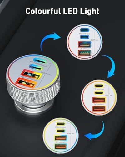 90 W 4-Port USB C Car Charger with 6 FT Coiled Cable – Super Fast Charging for i Phone 16/16 e/15 Pro Max/Plus, Samsung Galaxy S25/S24, Pixel & Android Devices – Ultimate Travel Companion for Multiple Devices with Enhanced Compatibility and High-Performance Output