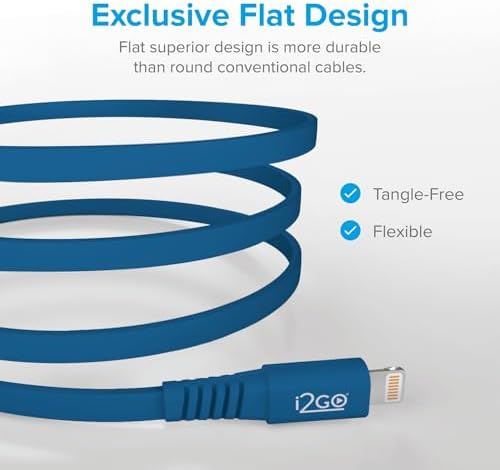 i2 GO MFi Certified 4 ft Lightning Flat Charging Cable – Efficient, Tangle-Free i Phone Charger for 14/13/12/11 & i Pad – Stylish Blue Design for Enhanced Durability and Speed