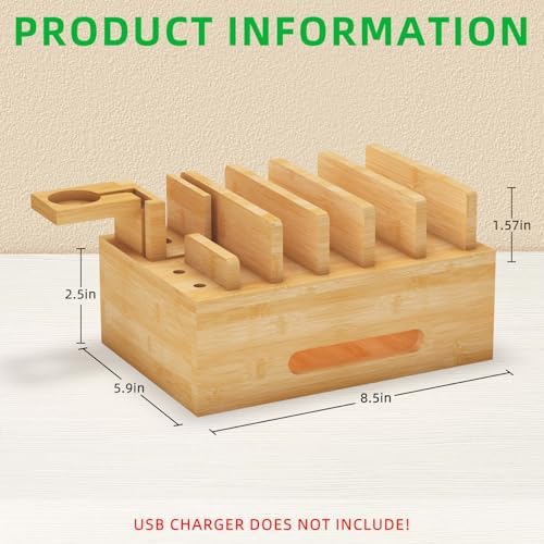 Eco-Friendly Bamboo Charging Station: Multi-Device Organizer Dock for Phones, Tablets, Smartwatches & Earbuds – Includes 6 Cables for Enhanced Compatibility & Fast Charging – Stylish Desk Accessory for Tidy Workspaces