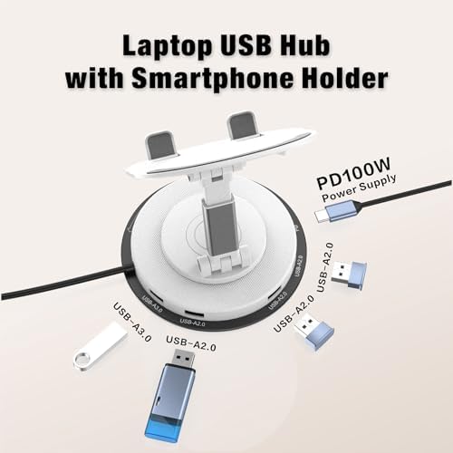 Maximize Your Workspace Efficiency with the 100 W USB-C Docking Station: Versatile 5-Port Universal Hub with Adjustable Phone Stand and 360° Rotating Base for Seamless Connectivity Across Mac Book Pro, Air, Dell, and HP Laptops – Power Delivery Charging and Fast USB 3.0 Data Transfer for Enhanced Productivity