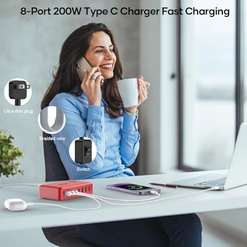 Transform Your Charging Routine with the 200 W 8-Port Fast Charging Hub – Multi-Device USB Station Featuring 65 W Laptop Adapter, Space-Saving Flat Plug, Durable Braided Cable, and User-Friendly On/Off Power Control for Optimal Performance and Safety