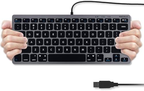 Compact Macally Wired Keyboard for Mac and Windows – Sleek USB Mini Keyboard with 78 Scissor Switch Keys – Effortless Plug and Play Design for Enhanced Typing Speed – Ideal Space-Saving Solution for Modern Workspaces – Durable Aluminum Finish for Long-lasting Performance and Style
