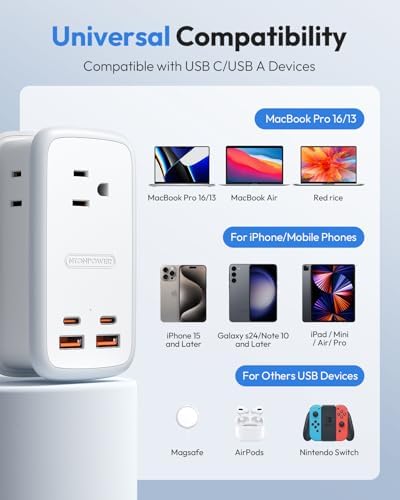 NTONPOWER GAN Ultra 65 W USB Charging Station – 7-in-1 Travel Power Strip with 3 AC Outlets & 4 USB Ports (2 USB-C) – Fast Charging Desktop Solution with 4 ft Extension Cord – Ideal for Mac Book, i Phone, and More – Compact, Durable & Versatile Power Hub for Home & On-the-Go Charging