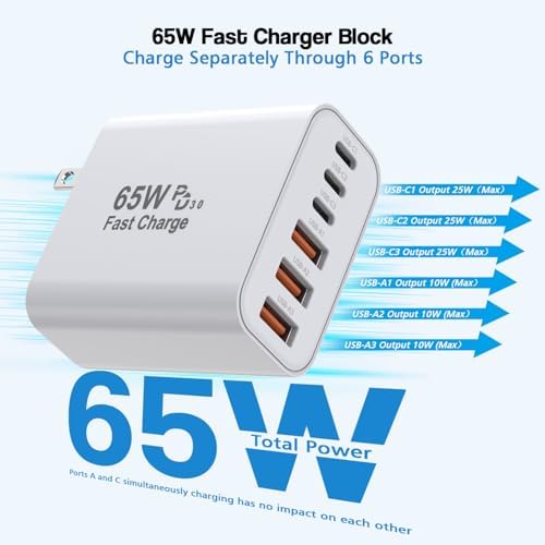 High-Efficiency 65 W Ga N Type-C Wall Charger Block – Ultimate 6-Port Fast Charging Station for i Phone 16, i Pad Pro & Air Pods – Versatile Multi-Device Power Adapter with PD USB-C & QC Support – Compact, Safe Charging Solution for Home, Office & Travel