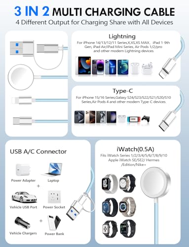 Ultimate 2-Pack Fast Charging Cable Set: Versatile USB A/Type C/Lightning Cables for Quick Charging of Apple Watch & i Phone, 4 FT Length for Seamless Travel Compatibility with i Phone 11-16, i Pad, Apple Watch Ultra & SE, Durable Multi-Device Solution for Enhanced Power Efficiency and Convenience