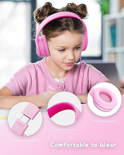 K16 Kids’ Foldable Wired Headphones with Microphone – Lightweight On-Ear Stereo Bass Design in Vibrant Pink and Red for School, Gaming, and Tablet Use – Compatible with Kindle, Chromebook & More – Durable Comfort for All-Day Listening