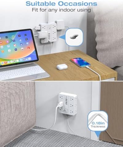 Maximize Your Charging Potential with AOFO 5 Ft Flat Plug Power Strip: 12 Outlet Surge Protector & 6 USB Ports (4 USB-A, 2 USB-C) for Home, Office, and Dorm Use – Reliable, Safe, and Space-Saving Design for All Your Devices