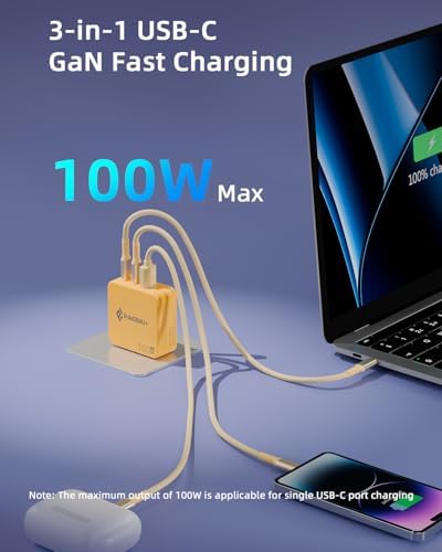 Ultra-Fast 100 W Ga N USB-C Charger Block – Triple-Port Travel Adapter for Mac Book, Dell, i Phone 16/15, Samsung Galaxy & All USB-C Devices – Compact, Foldable Design for Efficient Power Delivery on the Go