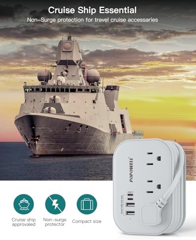 Compact Flat Plug Power Strip with 3 AC Outlets & 4 USB Ports (2 USB-C) – Ultimate Travel Charging Station with 5 Ft Extension Cord for Home and Dorm Use – Essential Non-Surge Protector for Cruises and On-the-Go Power Solutions – Enhanced Device Compatibility and Speed