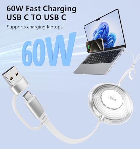 3-in-1 Retractable Multi Charging Cable, 100W Fast Charging USB-C/A to Lightning/USB-C/Micro USB Phone Charger Cord for iPhone 16/15, Samsung, MacBook, iPad （White） – Enhanced Compatibility and Speed